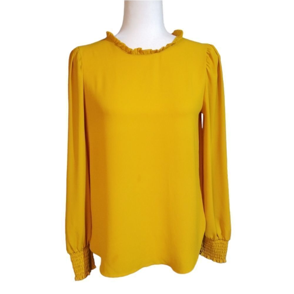 Loft Ruffle Round Neck Tie Back Blouse Yellow Size XS